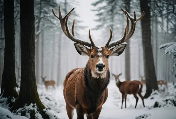 Karlı bir çam ormanında görkemli bir geyik akşam çökerken zarif bir şekilde kış harikalar diyarında geziniyor.