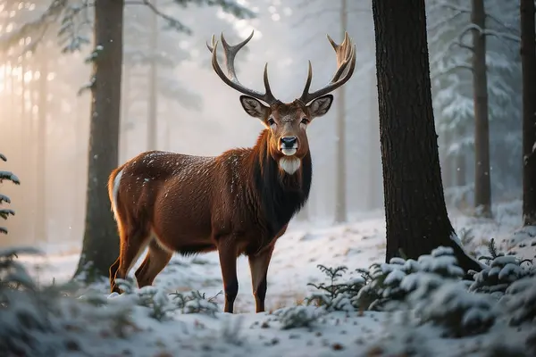 Karlı bir çam ormanında görkemli bir geyik akşam çökerken zarif bir şekilde kış harikalar diyarında geziniyor.