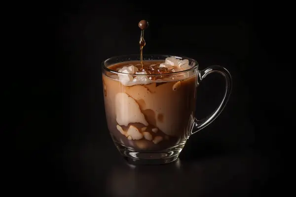 an iced coffee glass against a dark background. The rich brown coffee, seen through frosted glass, creates a visually striking composition. Ice cubes float in the coffee, adding a refreshing touch. The dark, almost black background enhances the visua