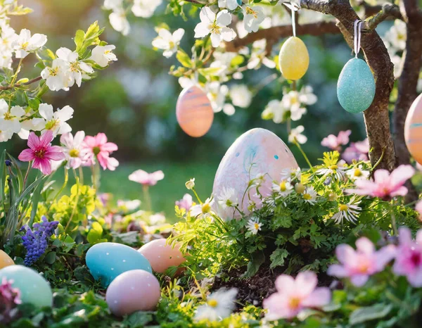 Bu hoş Paskalya sahnesinde, çeşitli renklerde süslenmiş canlı yumurtalar bir kaleydoskop yaratarak kutlamanın ruhunu canlandırıyor. Güneş, sahneyi ılık ışınlarla yıkar, aşağıdaki yemyeşil çimlerin üzerine altın bir parıltı saçar.. 
