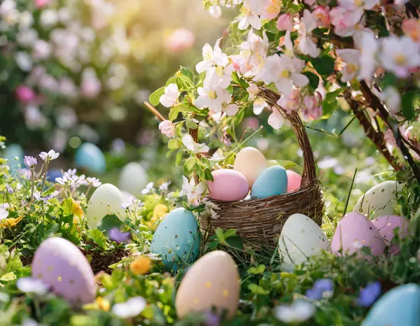 Bu hoş Paskalya sahnesinde, çeşitli renklerde süslenmiş canlı yumurtalar bir kaleydoskop yaratarak kutlamanın ruhunu hayata getiriyor. Güneş, sahneyi ılık ışınlarla yıkar, aşağıdaki yemyeşil çimlerin üzerine altın bir parıltı saçar..