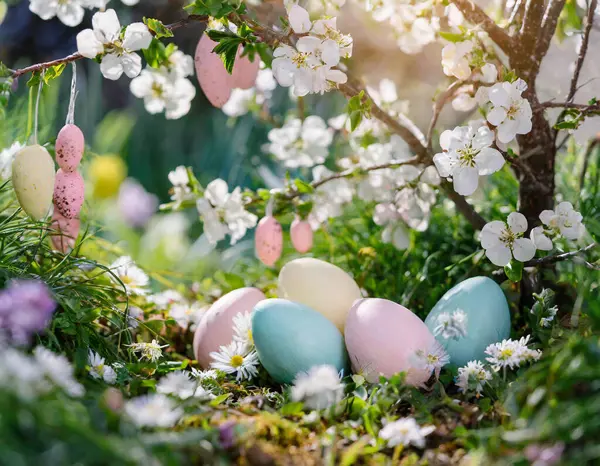 In this delightful Easter scene, vibrant eggs adorned in various hues create a kaleidoscope of colors, bringing the spirit of celebration to life. The sun bathes the scene in warm rays, casting a golden glow on the lush green grass below. The air is