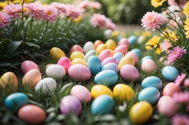 Bu resimli Paskalya tablosunda, çeşitli renklerde boyanmış canlı bir yumurta dizisi sahneye renk katıyor. Yemyeşil çimenler, doğanın ve kutlamaların uyumlu bir karışımını oluşturan bu şenlikli buluşlar için hoş bir tuval görevi görüyor.