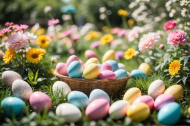 In this picturesque Easter tableau, a vibrant array of eggs painted in various hues adds a burst of color to the scene. The lush green grass serves as a welcoming canvas for these festive creations, creating a harmonious blend of nature and celebrati clipart