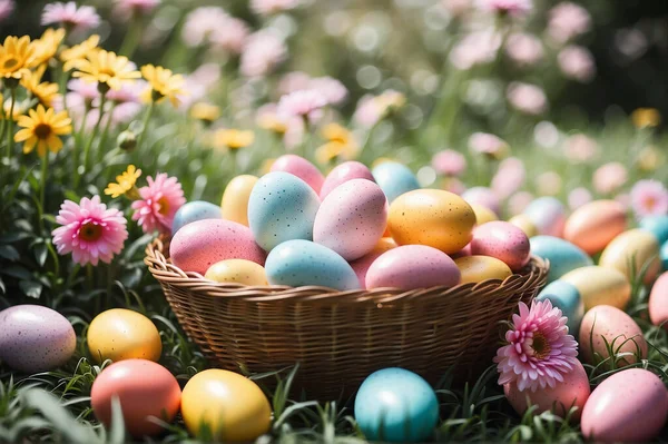 In this picturesque Easter tableau, a vibrant array of eggs painted in various hues adds a burst of color to the scene. The lush green grass serves as a welcoming canvas for these festive creations, creating a harmonious blend of nature and celebrati