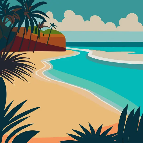 Berrak mavi gökyüzü, turkuaz sular ve deniz kenarındaki bungalovlarla huzurlu bir sahil manzarası. Palmiye ağaçları ve kayalar kumlu sahilleri süslüyor.