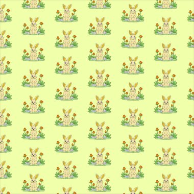 Sarı arka planda çiçekler arasında canlı ve neşeli bir sahne yaratan bir tavşan deseni. Kalıbı sarı arka planda yineleniyor.