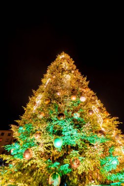 Kara gökyüzü arka planında çeşitli ağaç süslemeleriyle süslenmiş bir Noel ağacı, çok renkli.