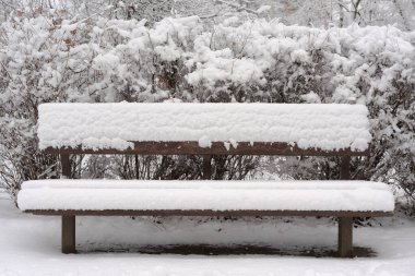 Bir park bankı kalın bir kar tabakasıyla kaplıdır. Alçak bir açıdan, önden, bankın arkasında kar yığınları olan kalın çalılarla çekilmiş..
