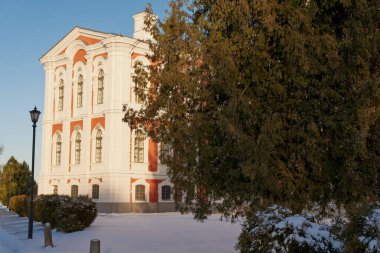 Jelgava Şatosu kışın akşam güneşinde ön planda karla kaplı kozalaklı ağaçlarla. Güneşten alçak bir açıdan çekilmiş, gökyüzü açık. Thujalar ve çalılar ön planda görünür.