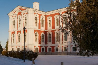 Jelgava Şatosu kışın akşam güneşinde ön planda karla kaplı kozalaklı ağaçlarla. Güneşten alçak bir açıdan çekilmiş, gökyüzü açık. Thujalar ve çalılar ön planda görünür.