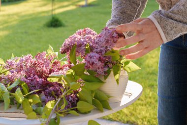 Bahçedeki beyaz bir masadaki vazoda leylak çiçeği aranjmanı, ışığa yakın mesafeden çekilmiş farklı odak, bulanık hareket, gün batımı ışığı.