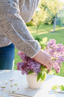 Bahçedeki beyaz bir masadaki vazoda leylak çiçeği aranjmanı, ışığa yakın mesafeden çekilmiş farklı odak, bulanık hareket, gün batımı ışığı.