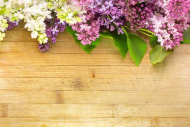 Eski ve çizilmiş bir tahta üzerinde çeşitli renklerde leylak çiçekleri. Yazıtlar ve nesneler için boş alanı var. Yüksek bir açıyla, geniş bir alan derinliğinde fotoğraflanmış.