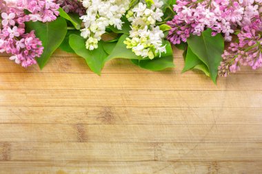 Eski ve çizilmiş bir tahta üzerinde çeşitli renklerde leylak çiçekleri. Yazıtlar ve nesneler için boş alanı var. Yüksek bir açıyla, geniş bir alan derinliğinde fotoğraflanmış.