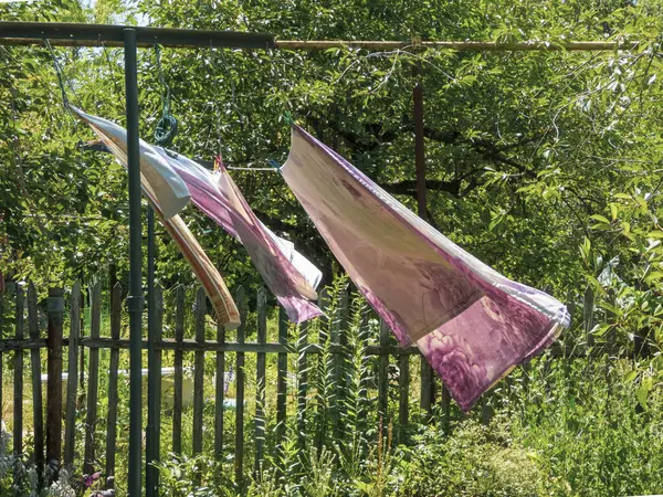 Yeşil yaprakların arasında elbiseler hafifçe savruluyor..