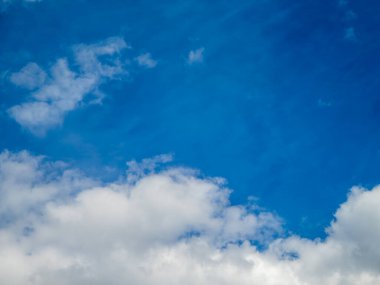 İnce sirrus ve kümülüs bulutlarıyla dolu canlı yaz gökyüzü, mükemmel bir arka plan.