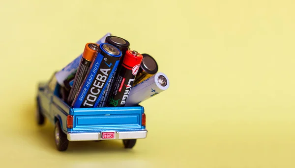 Lviv Ukraine 2022 Used Batteries Different Manufacturers Children Car Toy — Stock Photo, Image