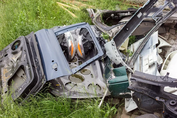 Lviv Ukraine 2023 Scrap Metal Dump Parts Broken Car Grass — Stock Photo, Image