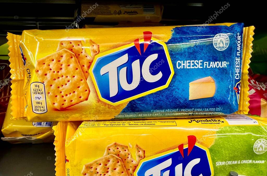 Lviv Ukraine - 09 04 2025: Popular cracker cookies Tuck on the store shelf, a tasty but unhealthy snack