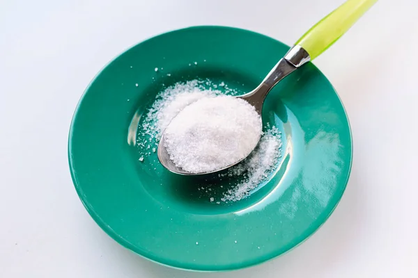 Spoon Sugar Sweetener Saucer Side View Spoon White Sugar Sprinkled — Stock Photo, Image