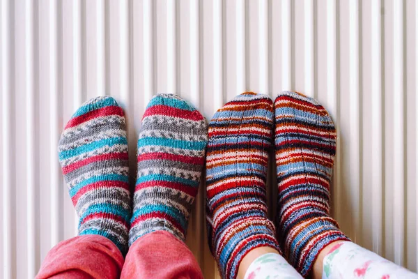Two Pairs Legs Knitted Socks Made Multi Colored Woolen Threads — Stock Photo, Image