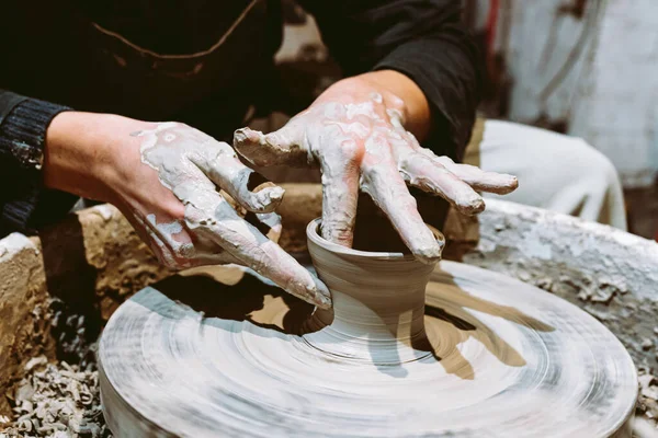 Hands Young Woman Close Stained Clay Make Ceramic Product Potter — 스톡 사진