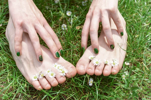 Kobiety Smukłe Gołe Stopy Zielonej Trawie Stokrotkami Kobieta Nogi Zbliżenie — Zdjęcie stockowe