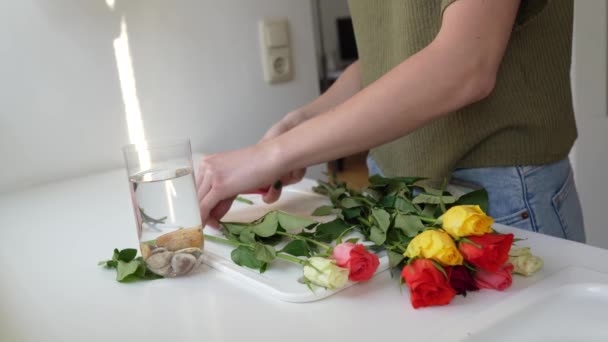 Menina Adolescente Esbelta Atraente Cuidando Flores Cortadas Rosas Buquê Substituindo — Vídeo de Stock