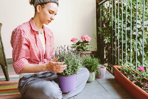 Çekici genç kadın, pembe ekose gömlek, bandaj saçlı, favori hobisi, çiçek nakli çiçek saksıları, balkon kutusu, gübre toprağı, tohum ekme dekoratif çiçek