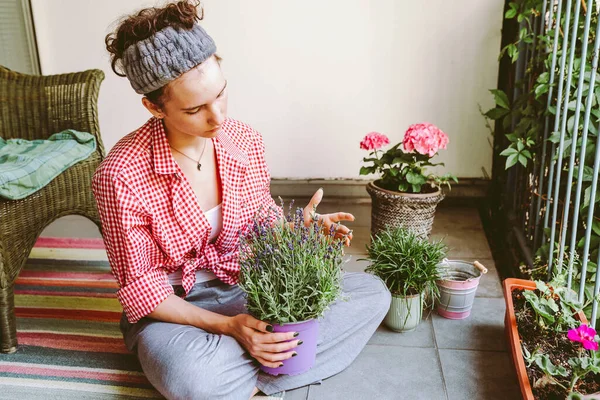 Çekici genç kadın, pembe ekose gömlek, bandaj saçlı, favori hobisi, çiçek nakli çiçek saksıları, balkon kutusu, gübre toprağı, tohum ekme dekoratif çiçek