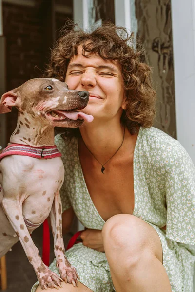 stock image Attractive teenager girl, with curly brown hair, sitting on steps near house, hugging beloved dog, american hairless terrier breed. Teen girl spending time with her beloved pet