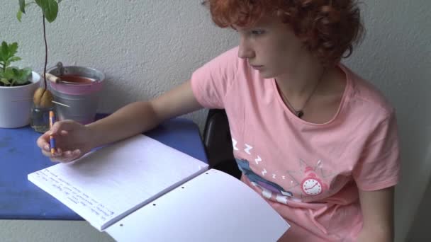 Привлекательная Студентка Делает Заметки Блокноте Сидя Балконе Задумчивая Уютная Рыжая — стоковое видео