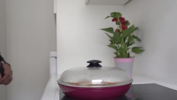 클로즈업 팔꿈치 관절에 소시지와 오믈렛이 요리되는 — 비디오