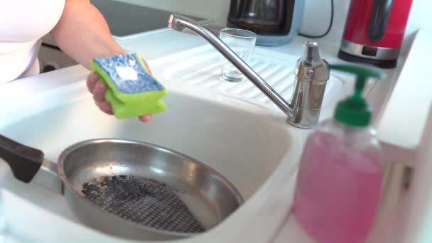 Woman Washes Burnt Frying Pan Black Food Residue Sponge Home — Stock Video