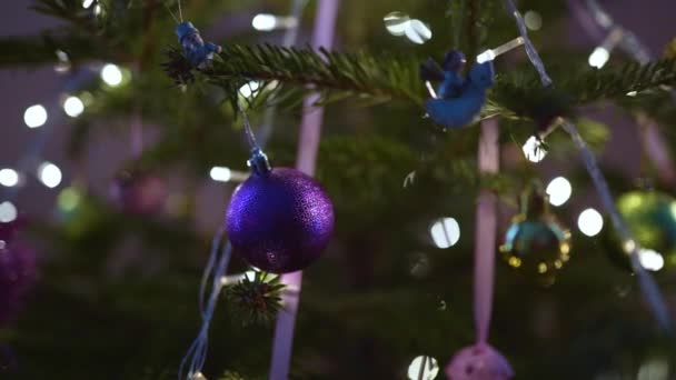 ハッピーニューイヤークリスマスツリーの装飾 家族の休日のための軽い球根のガーランドを明るくする側面のボケ フェスティバルムード ポジティブな感情 ノエル — ストック動画
