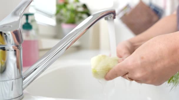 Preparing Fennel Slicing Womans Hands Washing Fennel Running Water Kitchen — Stock Video