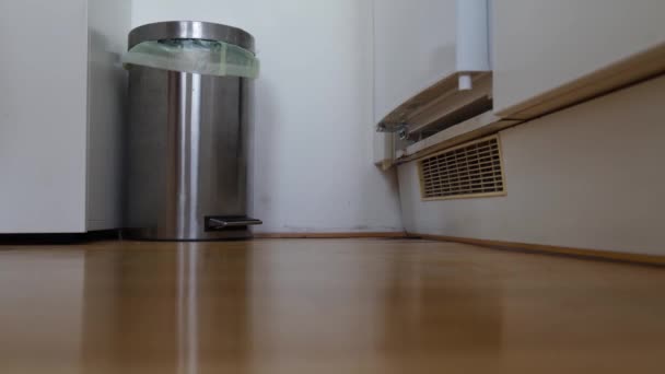 Home Kitchen Womans Foot Presses Pedal Trash Can Throws Spoiled — Stock Video