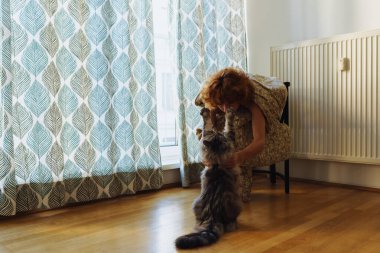 Kucaklayan kedi, battaniye evinde oturan, donmuş. Genç, çıplak ayaklı, kızıl saçlı, kıvırcık saçlı, sabah, battaniyeye sarılmış, ısıtma kaloriferinin yanında oturan evcil kedi, perdelerle kaplı büyük bir pencere..