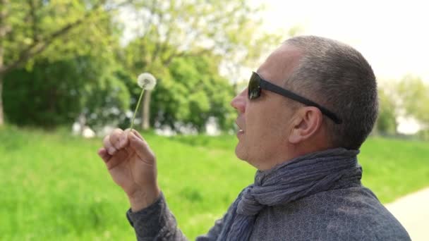 Portrait Middle Aged Man Sunglasses Blowing Faded Dandelion Backdrop Nature — Stock Video