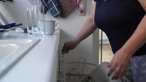 Mutfağında Bulaşık Makinesine Kirli Bulaşıkları Koyan Bir Kadın — Stok video