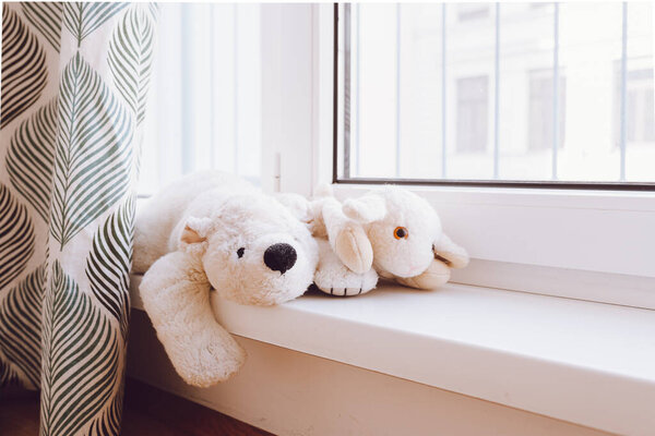 soft polar bear toy and sheep, warmer toys, beige color lie on windowsill near large window cozy room