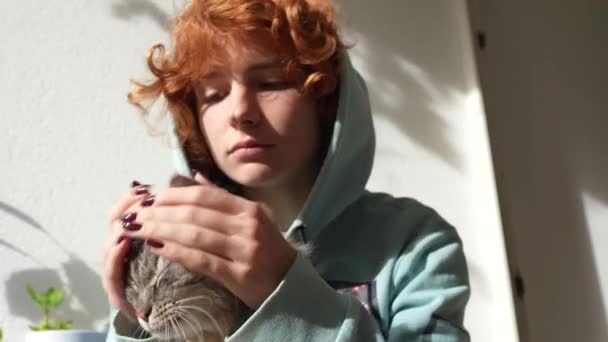 Porträt Attraktive Teenager Rothaarige Mädchen Trägt Kapuzenpullover Umarmt Flauschige Grüne — Stockvideo