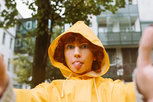 Portrait Red Haired Happy Teenage Girl Yellow Bright Raincoat Very Royalty Free Stock Photos