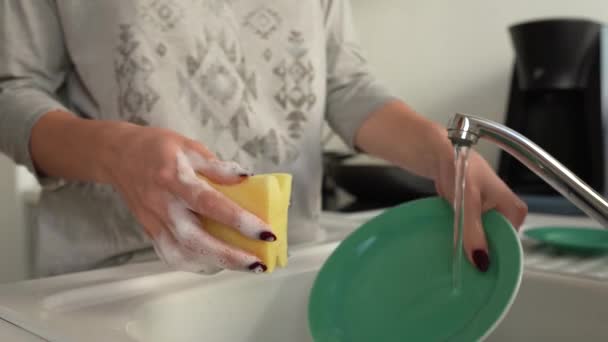 Ruce Mladá Žena Dobře Upravenými Nehty Umýt Špinavé Nádobí Kuchyňském — Stock video