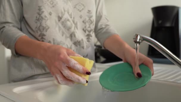 Ruce Mladá Žena Dobře Upravenými Nehty Umýt Špinavé Nádobí Kuchyňském — Stock video