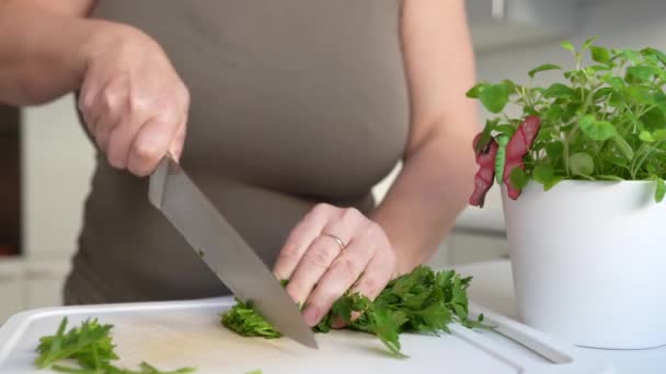 Mujer Profesionalmente Corta Hierbas Tabla Cortar Con Cuchillo Cocina Afilado — Vídeo de stock