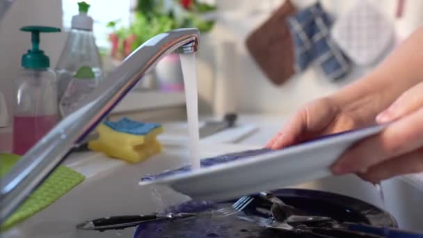 Vrouw Spoelend Een Blauwe Plaat Onder Stromend Water Moderne Keuken — Stockvideo