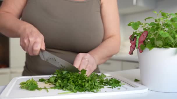 Mujer Profesionalmente Corta Hierbas Tabla Cortar Con Cuchillo Cocina Afilado — Vídeos de Stock