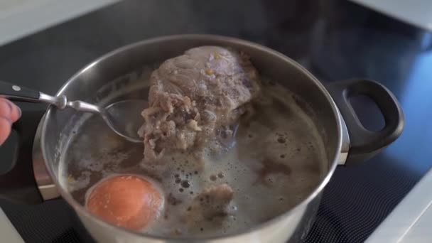 Ingredients Preparing Meat Bone Broth Cook Lamb Meat Onion Celery — Stock Video